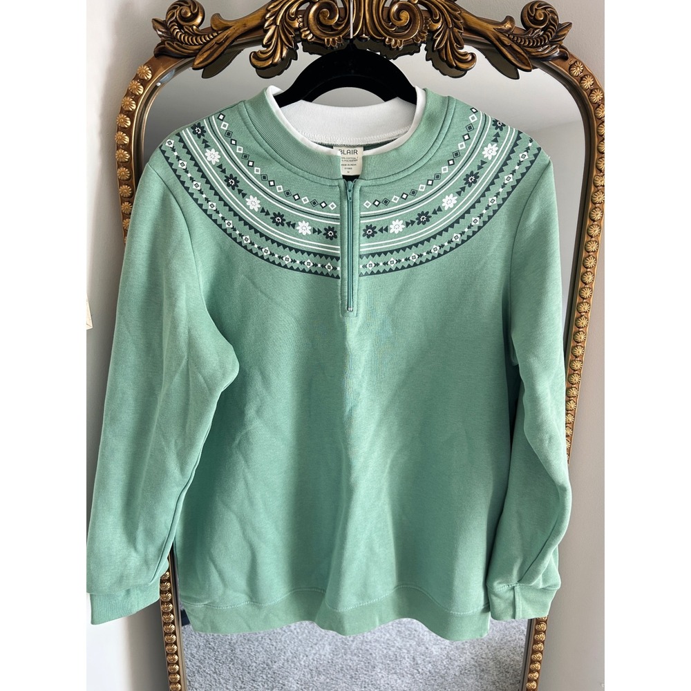 Blair Womens Sage Green Fair Isle Quarter Zip Sweatshirt Mock Neck Fleece Medium